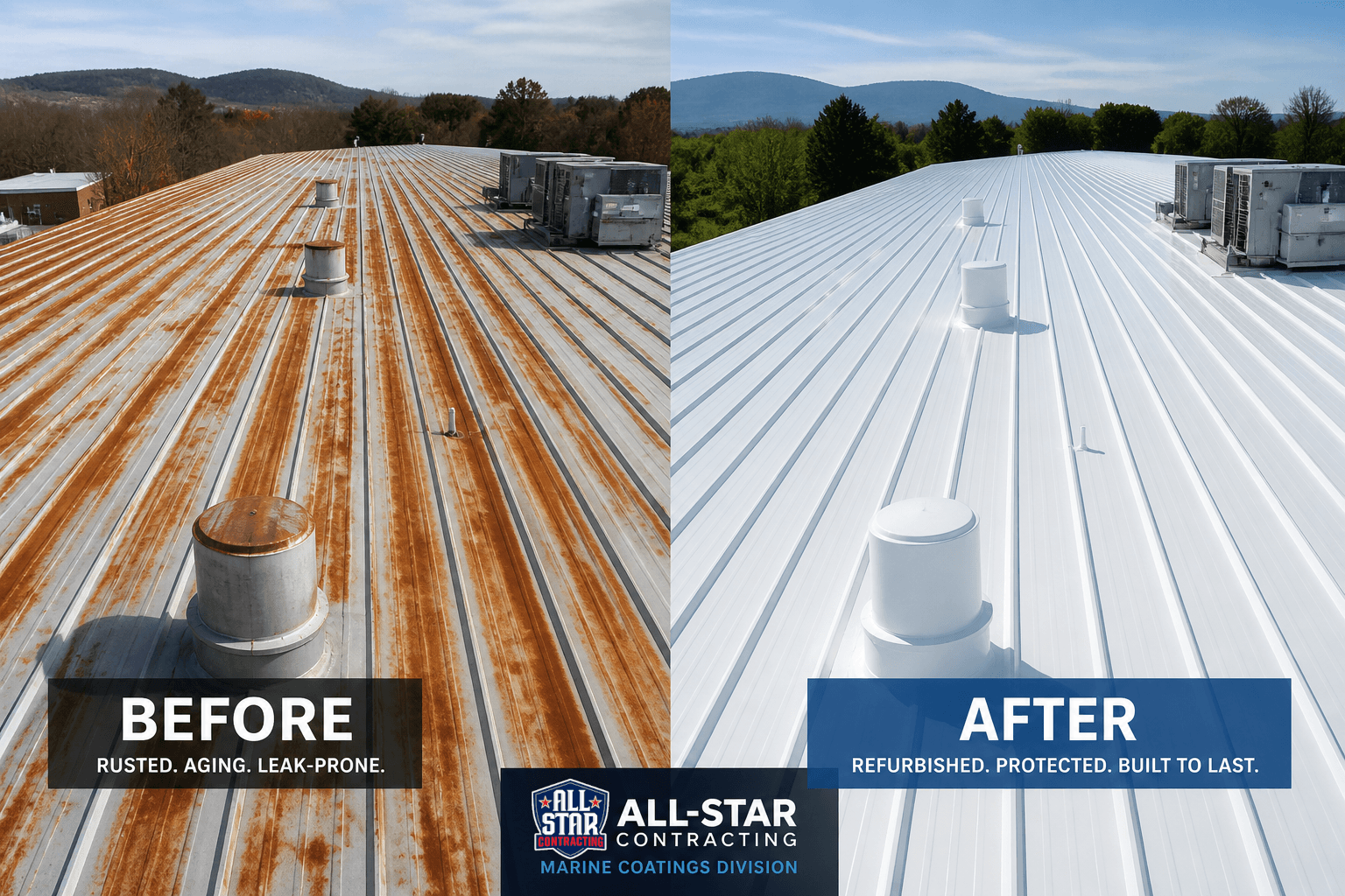 Before and after metal roof coating — rusted metal roof restored with white elastomeric coating by All-Star Contracting
